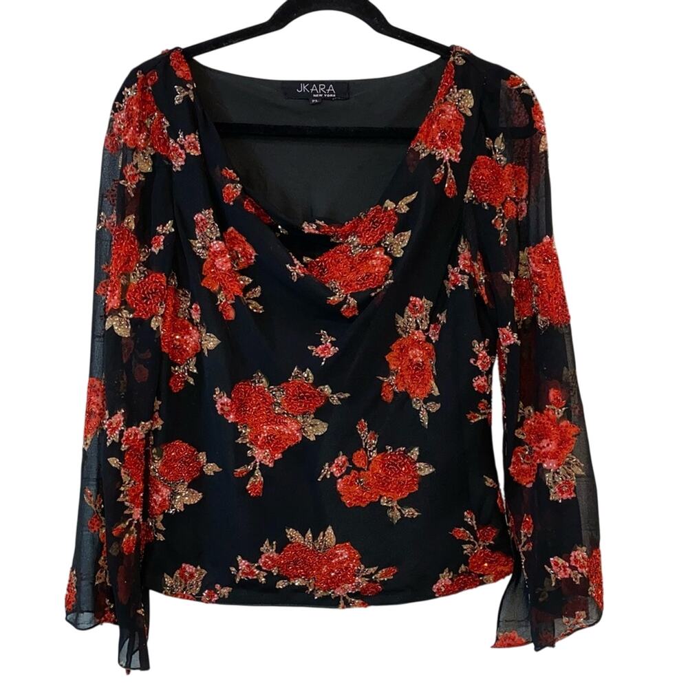 JKARA Beaded Floral Blouse Petite Large Black Red Sheer Evening Embellished Mesh